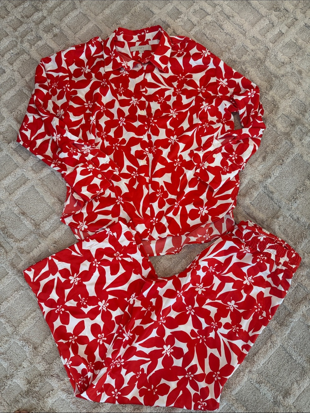 LOFT Red and White Wide Leg Jumpsuit Set